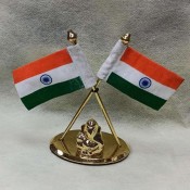 Indian Flag in Pair with Lord Ganesha Idol in Oval Shape Stand for All Car, Desk & Office Table Decoration 