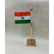 Decor Gold Plated Metal Body Indian Flag in Khadi with Vande Mataram Symbol in Square Stand for All Car, Desk & Office Table Decoration